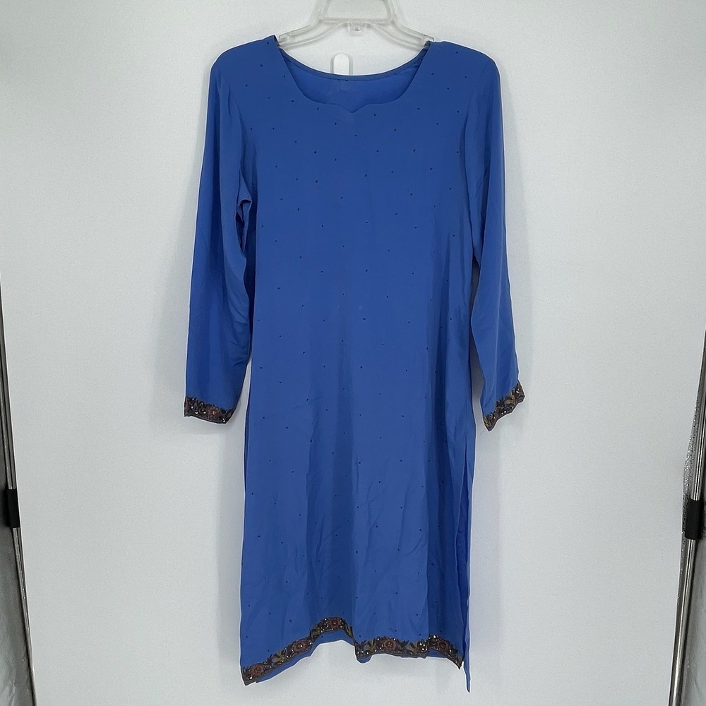 Women's Blue Embroidered Floral Sequins Long Sleeve Kurta Tunic‎ Dress Size M